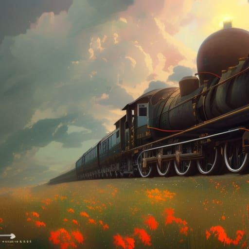 Train in a Flower Field: Hyperdetailed Digital Art