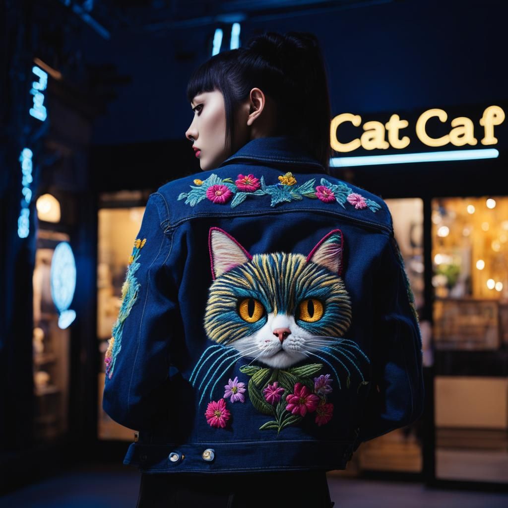 “Catcafe” “Nightcafe” embroidered Embroidery texture “Nightcafe” jeans jacket jeans pants “catcafe” pockets with "Night...