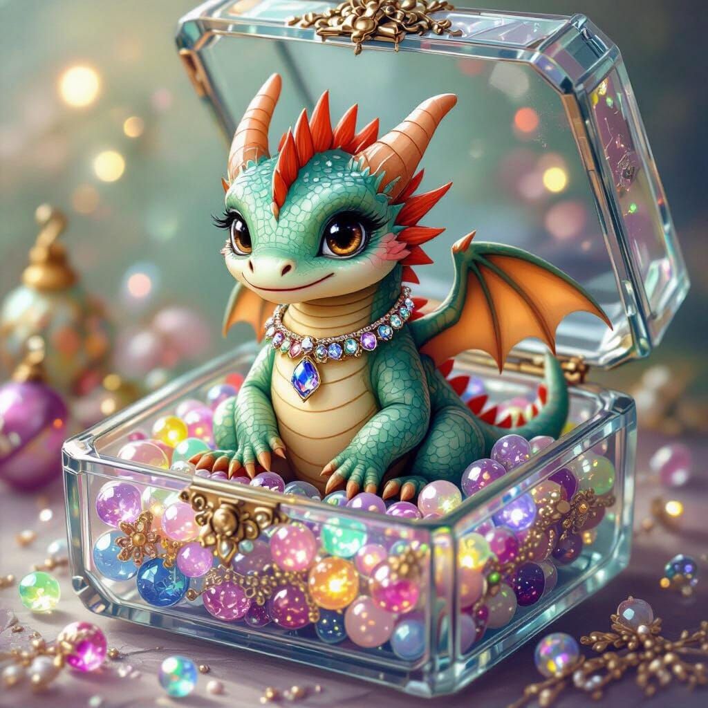 Baby Dragon in Jeweled Box, Whimsical Art
