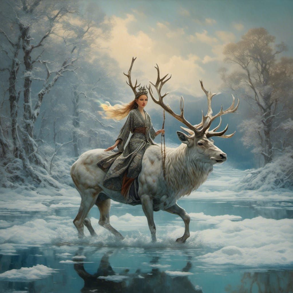 Snow Princess on Crystal Stag Over Frozen Lake