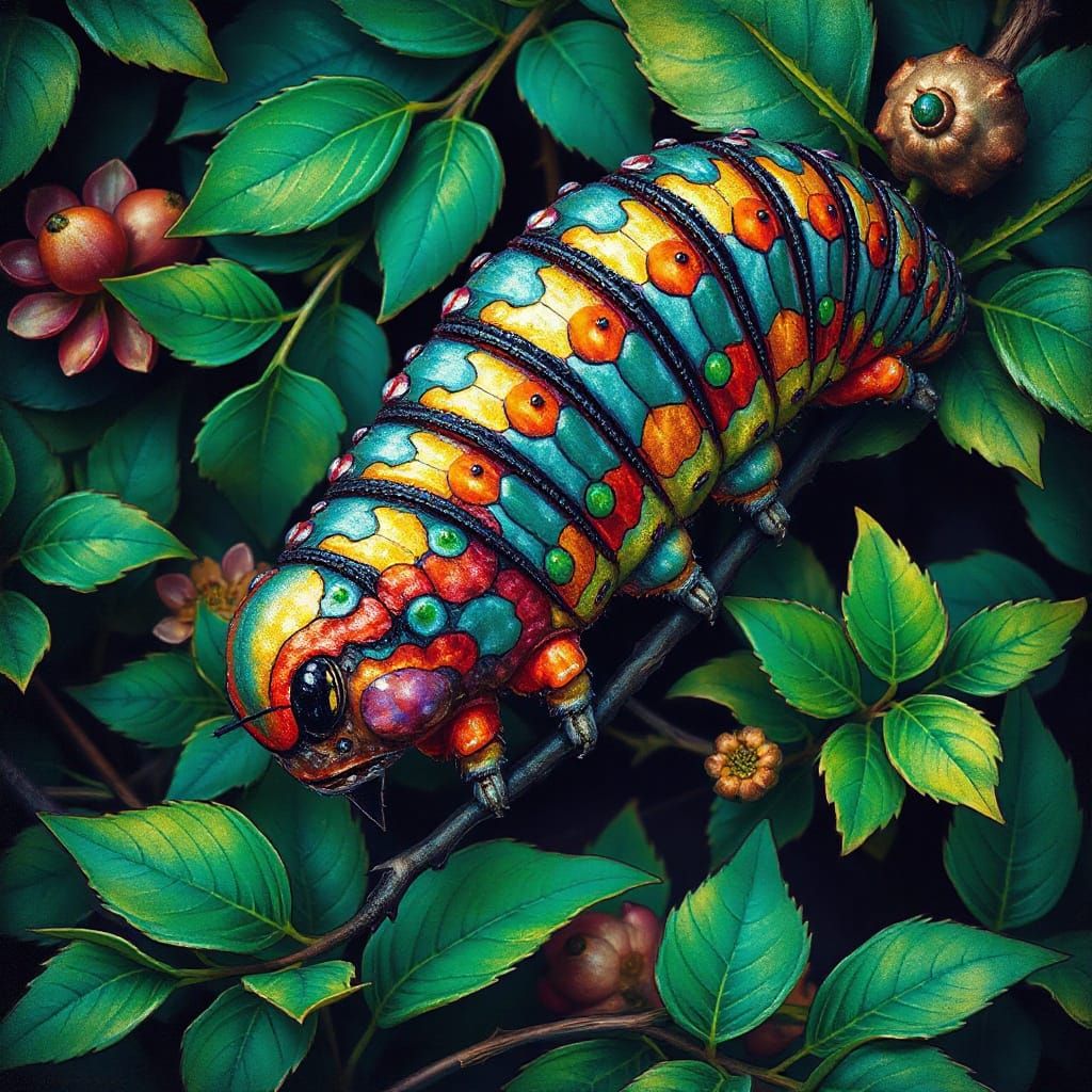 Iridescent Jewel Caterpillar in Art Nouveau Style