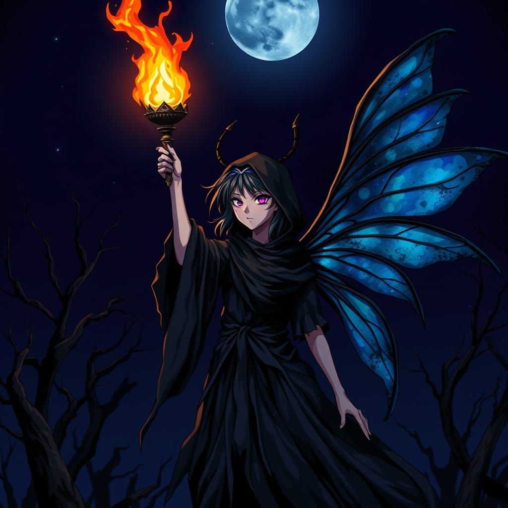 Dark Anime Fairy Illuminates Mysterious Night