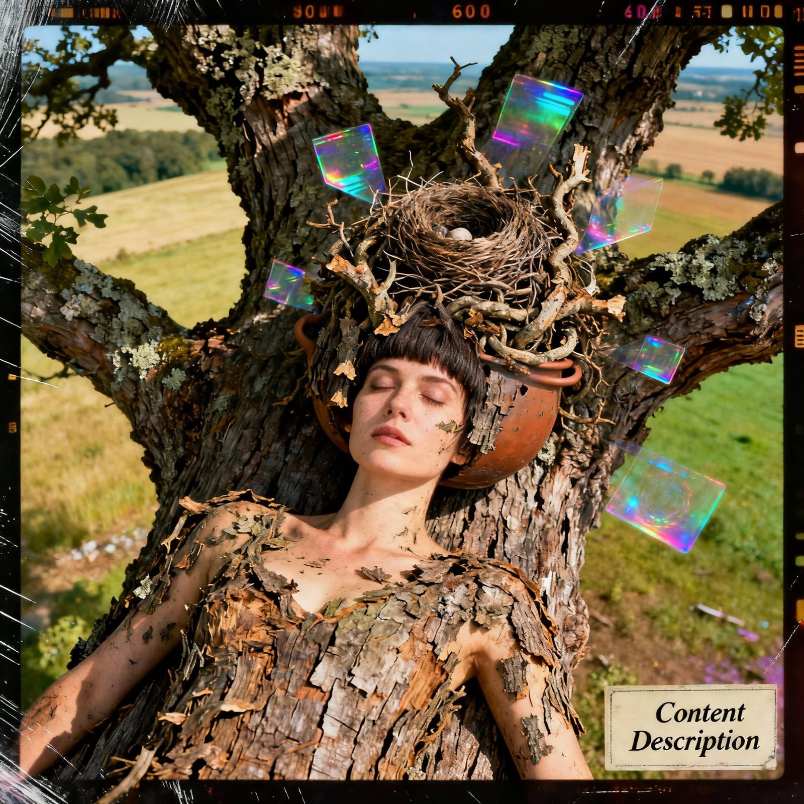 Surreal Portrait: Woman Merged with Nature in 70s Film Style