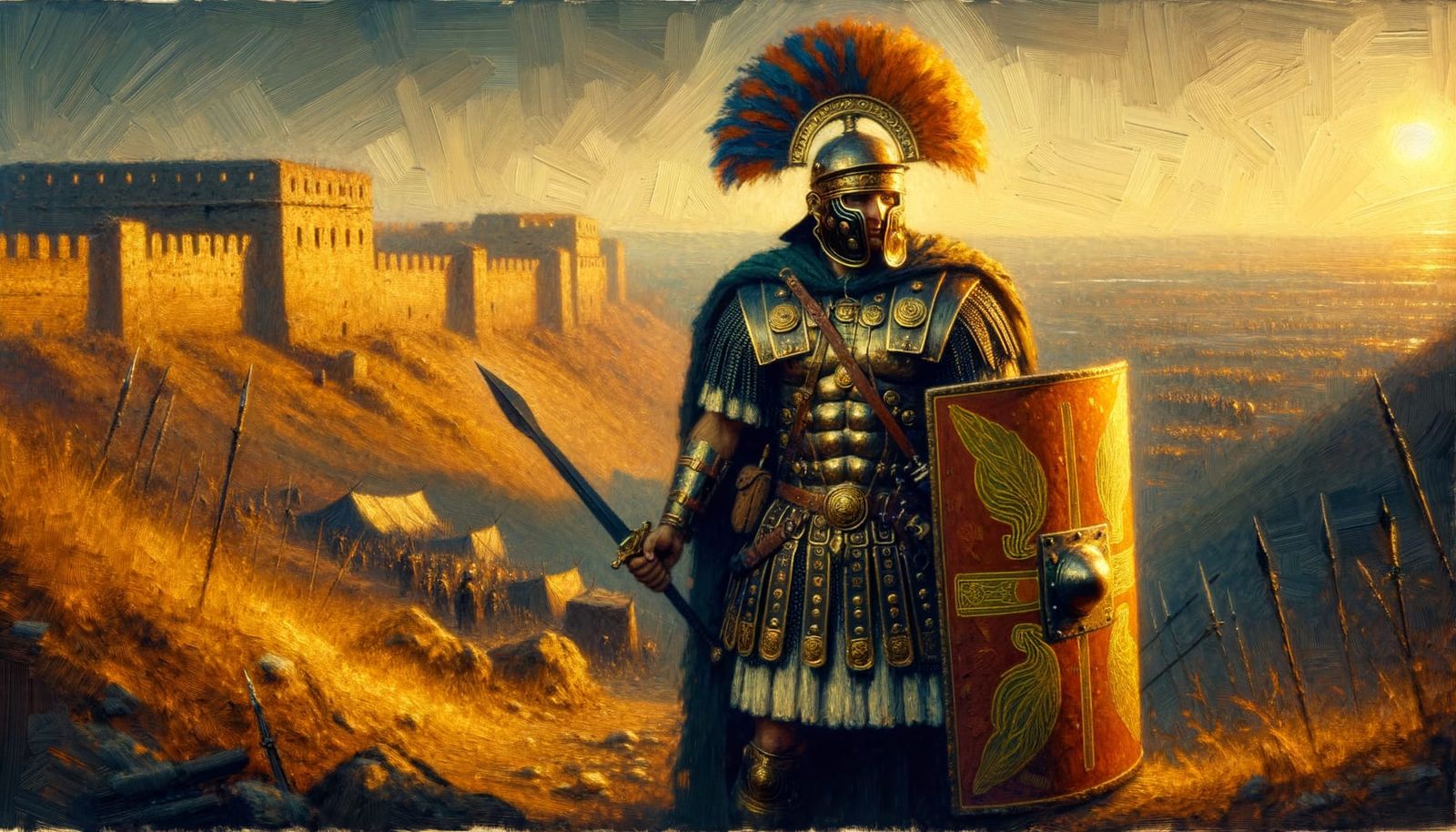 Roman Legionnaire on Hilltop in Impressionistic Style
