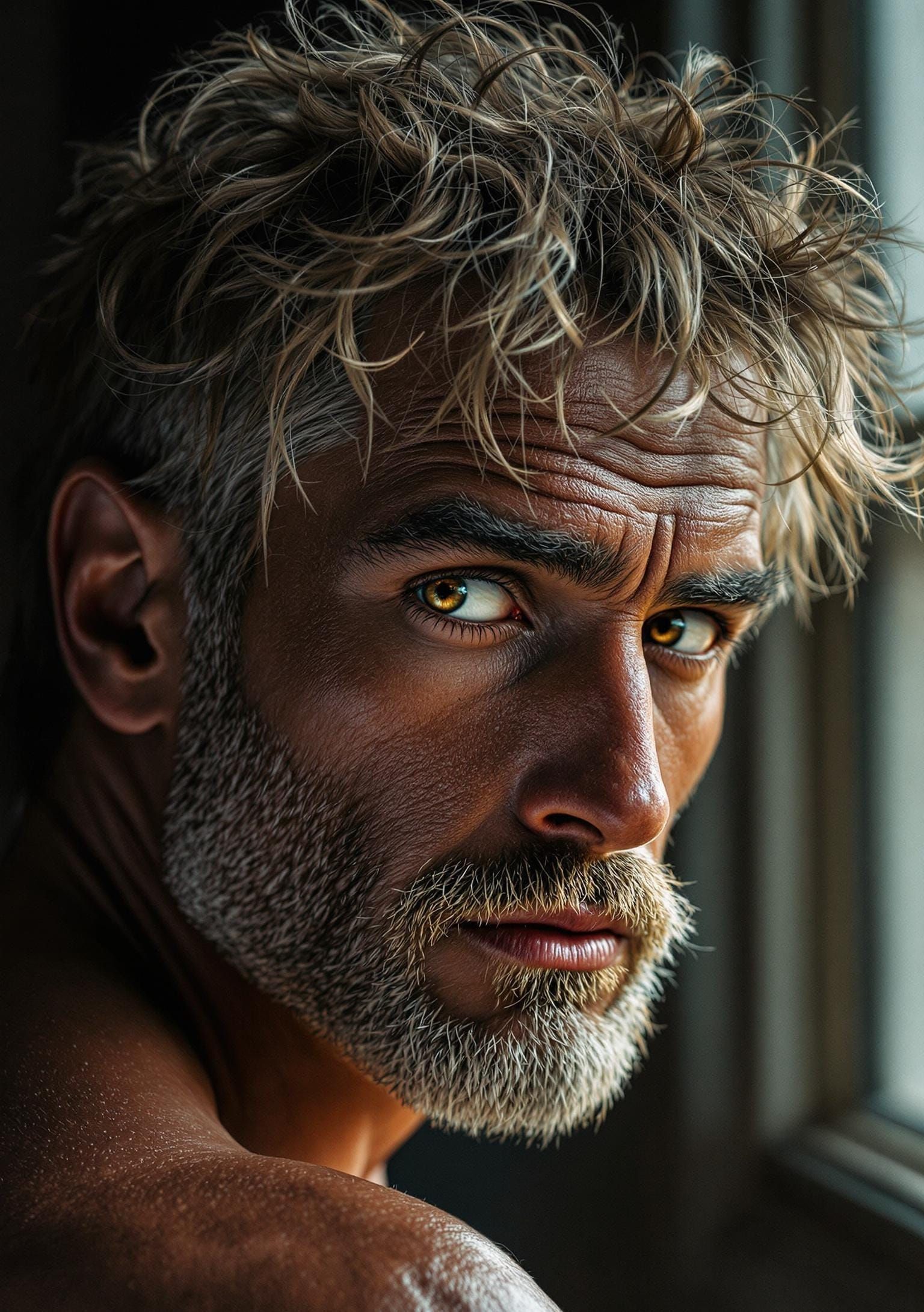 Shyly Looking Man in Detailed Portrait