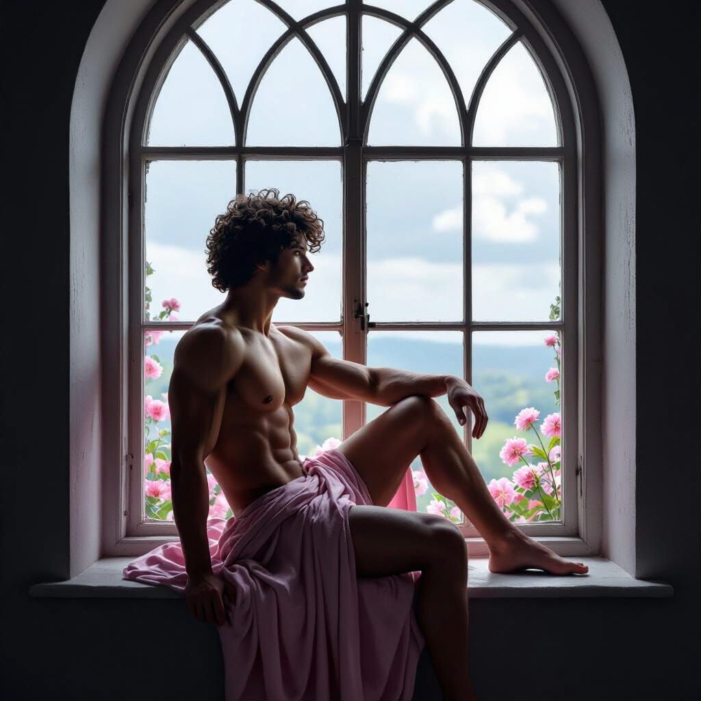 Contemplative Man in Gothic Window, Oil Painting Style