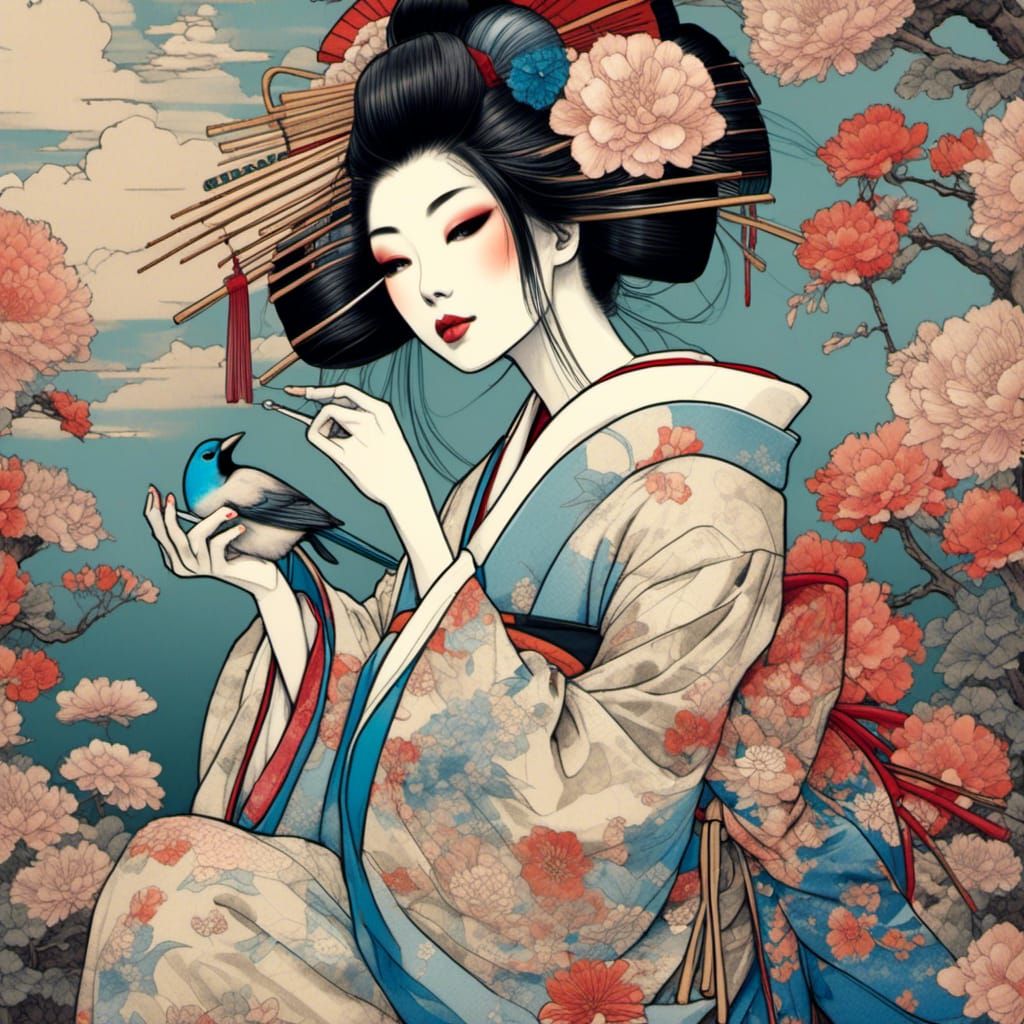 Geisha in Floral Garden Holding Blue Bird