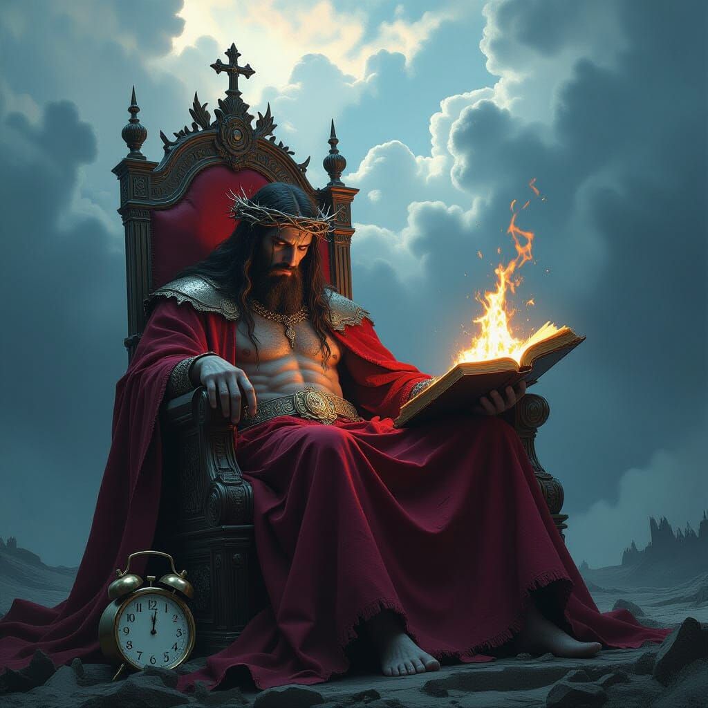 Tormented God on Throne Under Stormy Sky