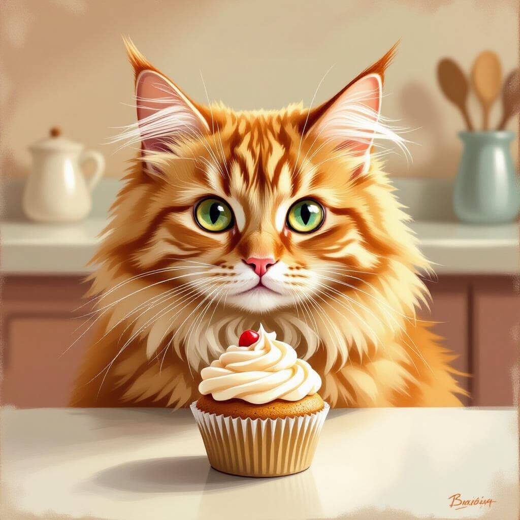 Concerned Ginger Cat Fixates on Frosted Cupcake