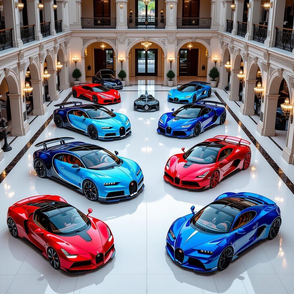 Luxurious Cars in Grand Hall: Hyperrealistic Digital Art