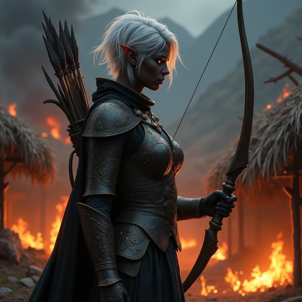 Dark Elf Warrior Amidst Burning Village
