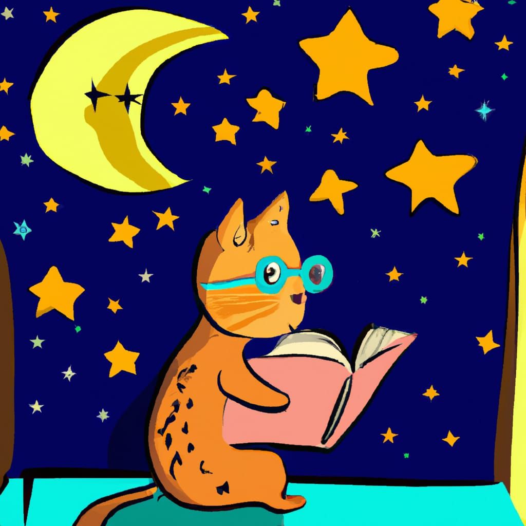 Cat Reads at School Under a Starry Moon