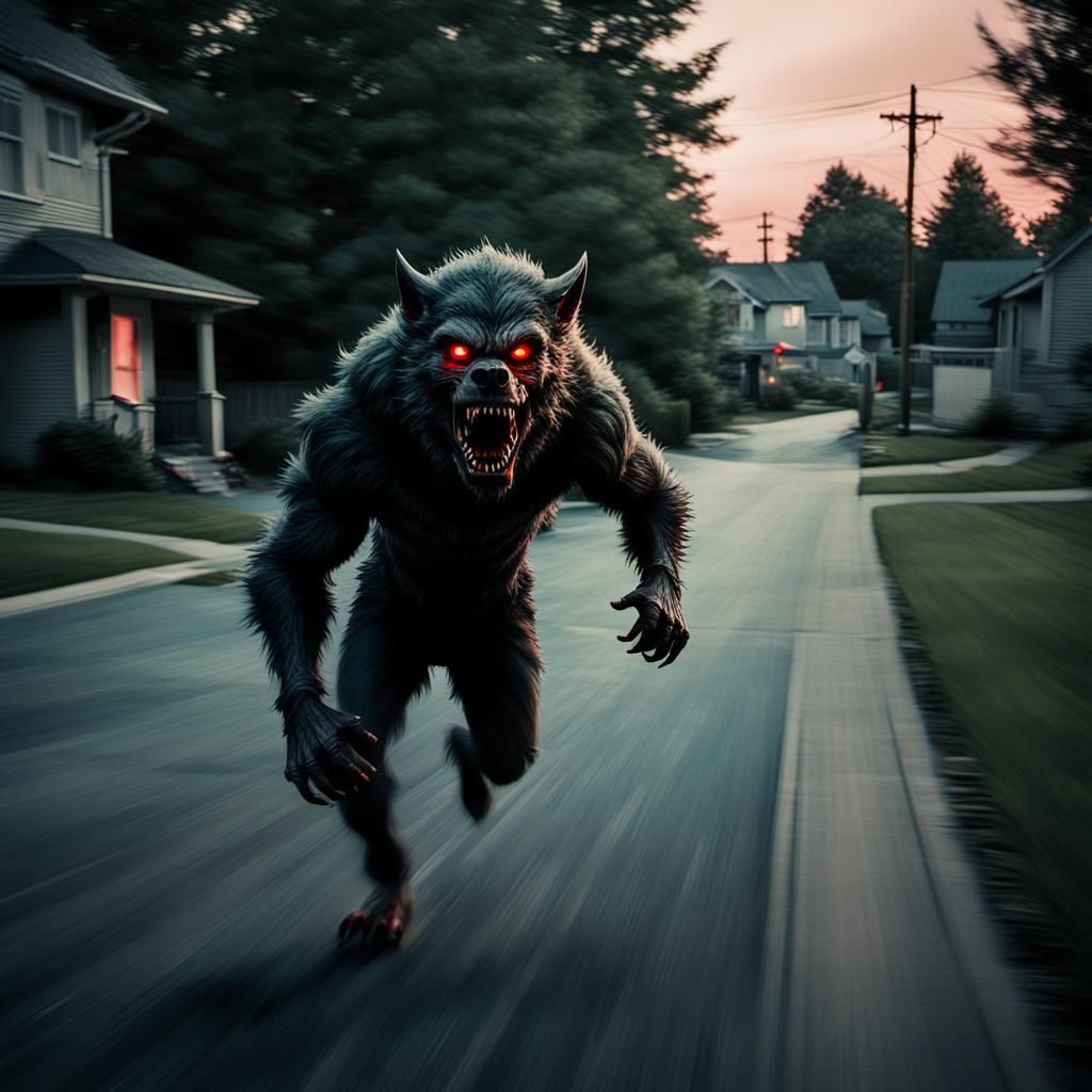 Werewolf Sprinting Through Suburbs at Dusk
