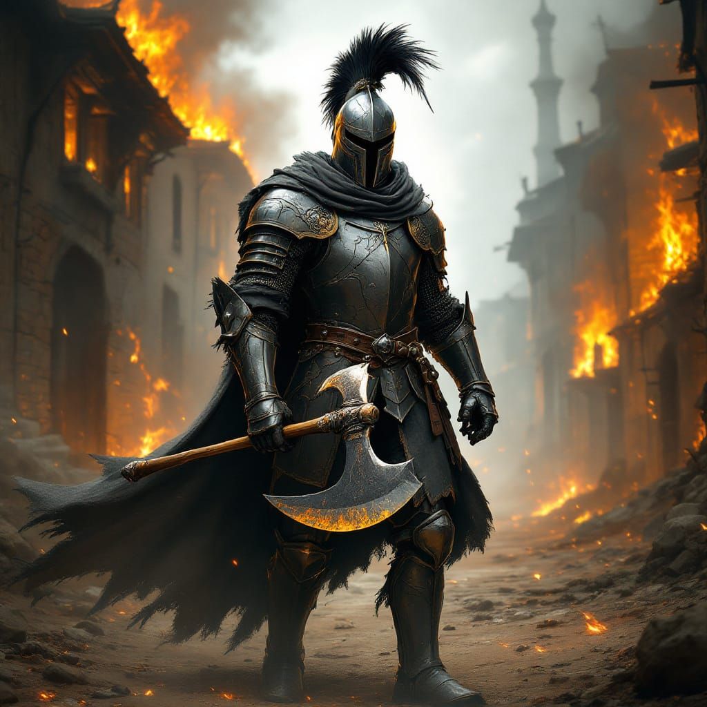 Armored Knight with Axe in Fiery Battlefield