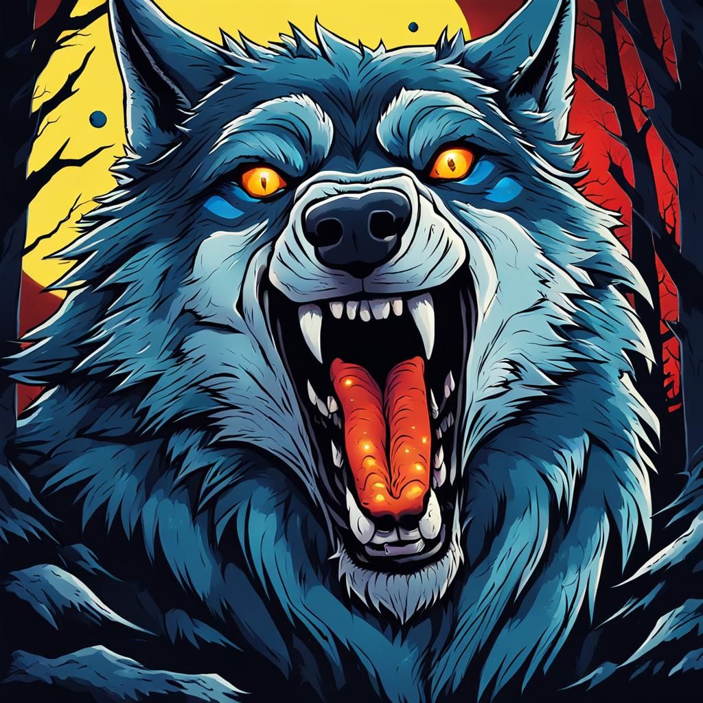 Stylized Wolf Howling: A Manga-Inspired Caricature