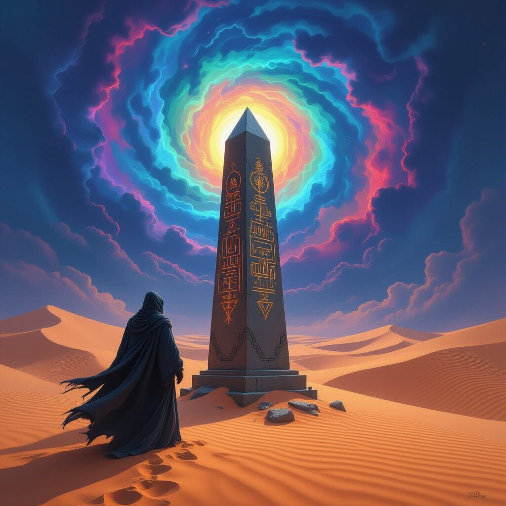 Wizard Before Ancient Obelisk in Psychedelic Desert