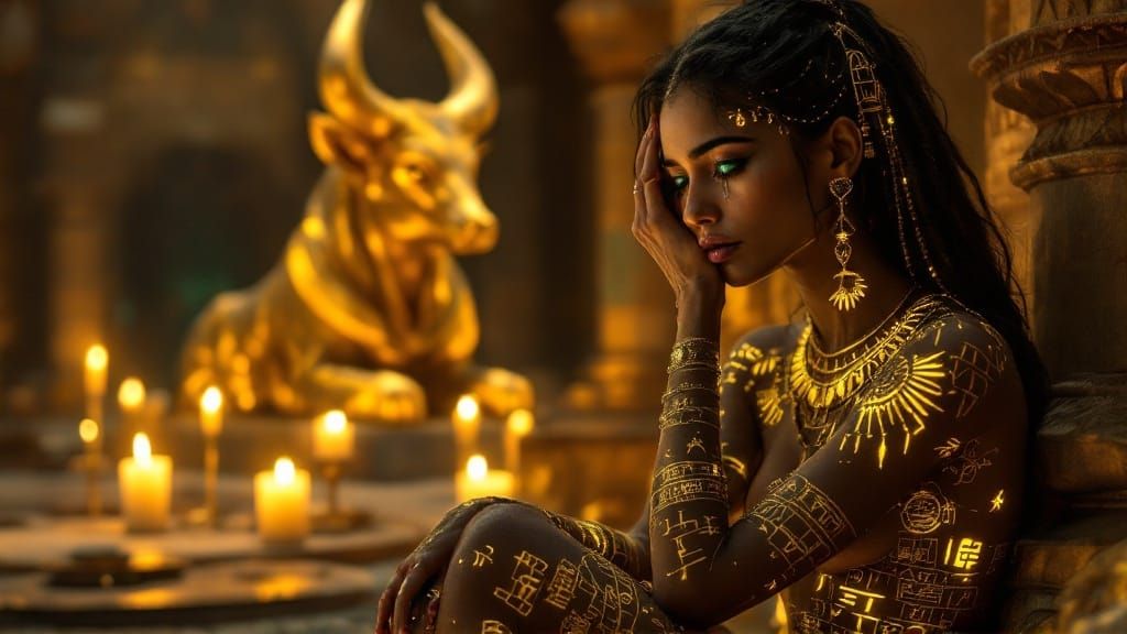 Ancient Egyptian Priestess in Golden Hieroglyphic Adornment
