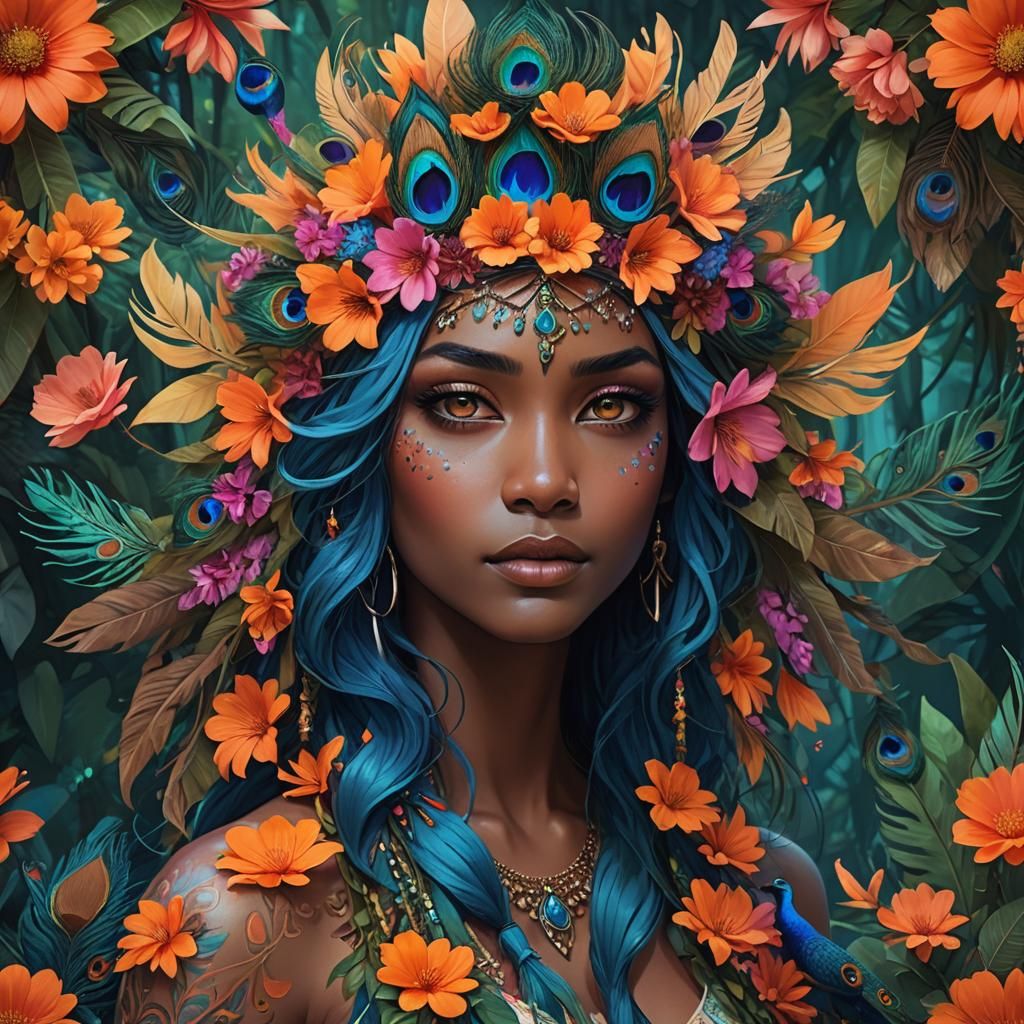 Fantasy Woman with Peacock Feathers in Tropical Jungle