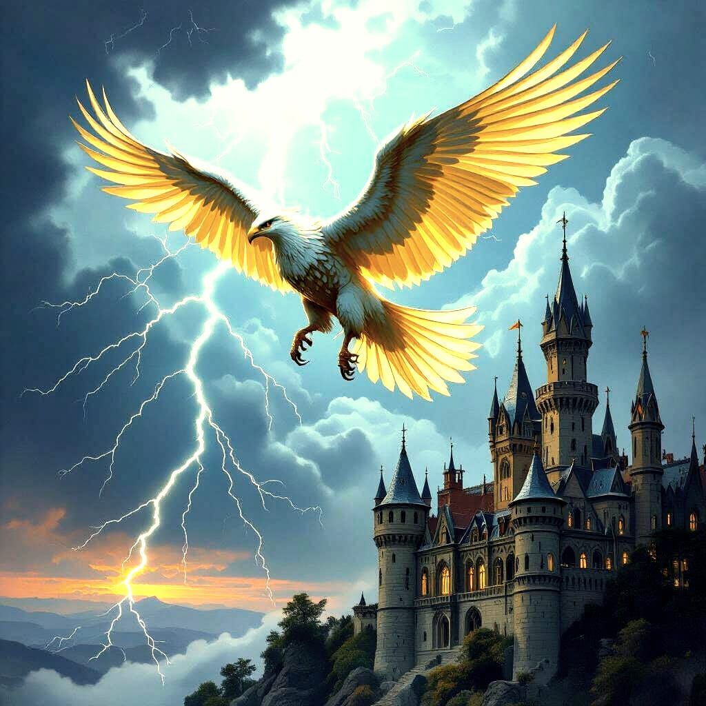 Griffin Soaring Over Gothic Castle in Stormy Sky