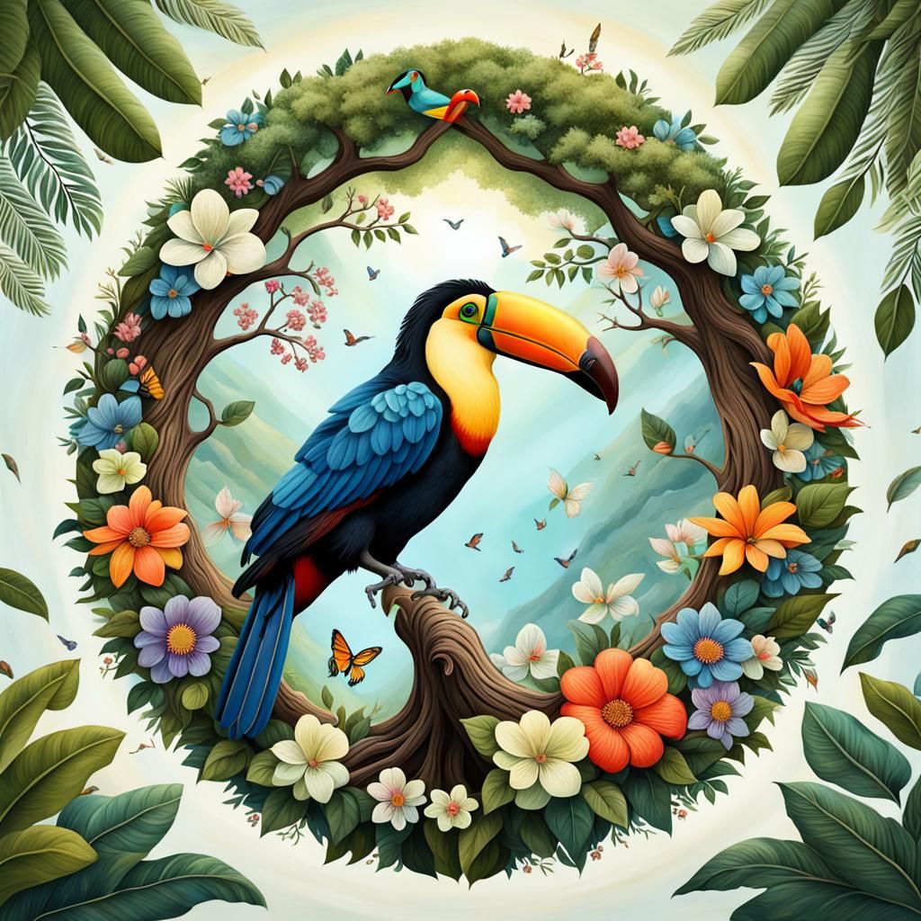 Toucan Bird with Tree of Life and Flowers