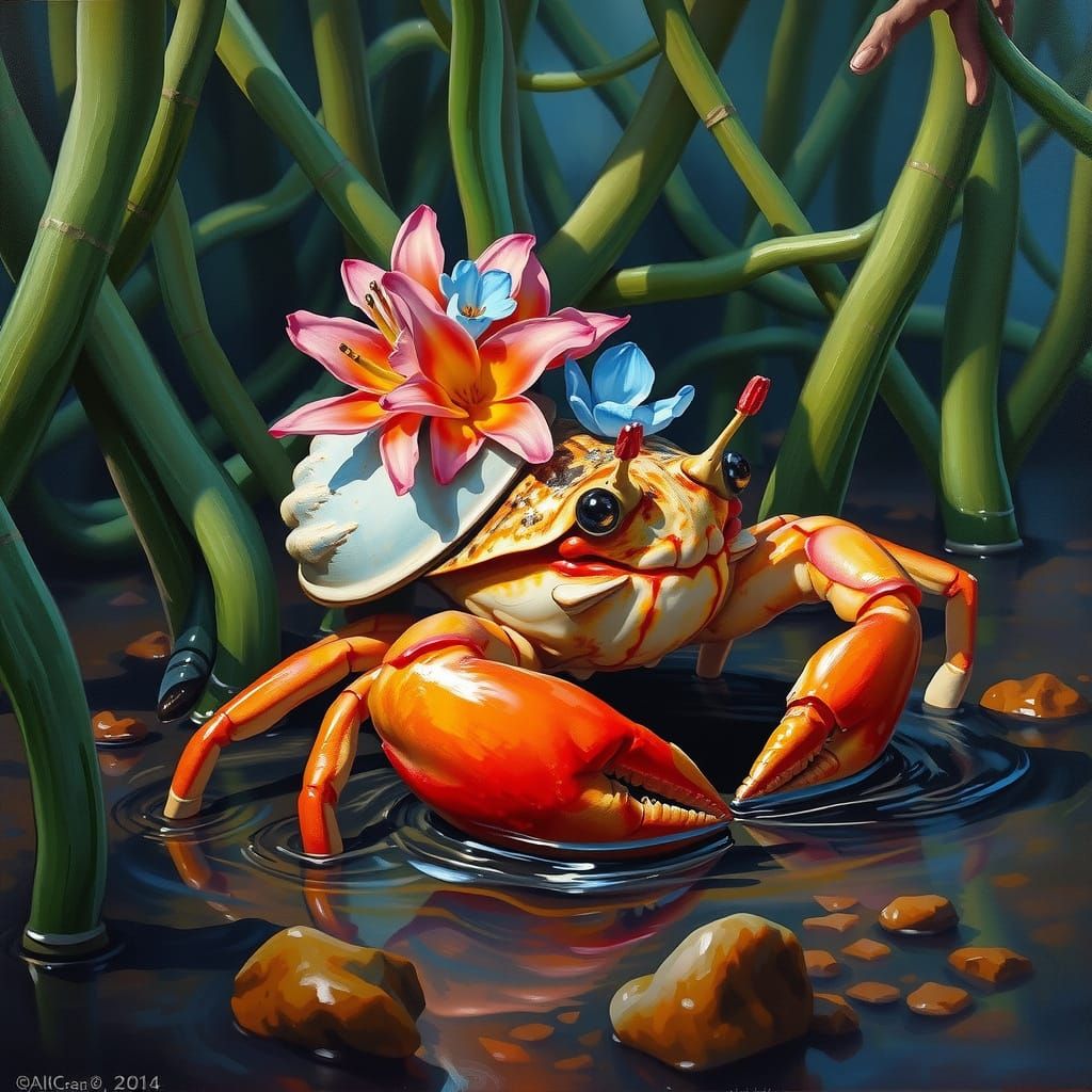 Mudcrab in Vibrant Mangrove, Joyful Oil Painting