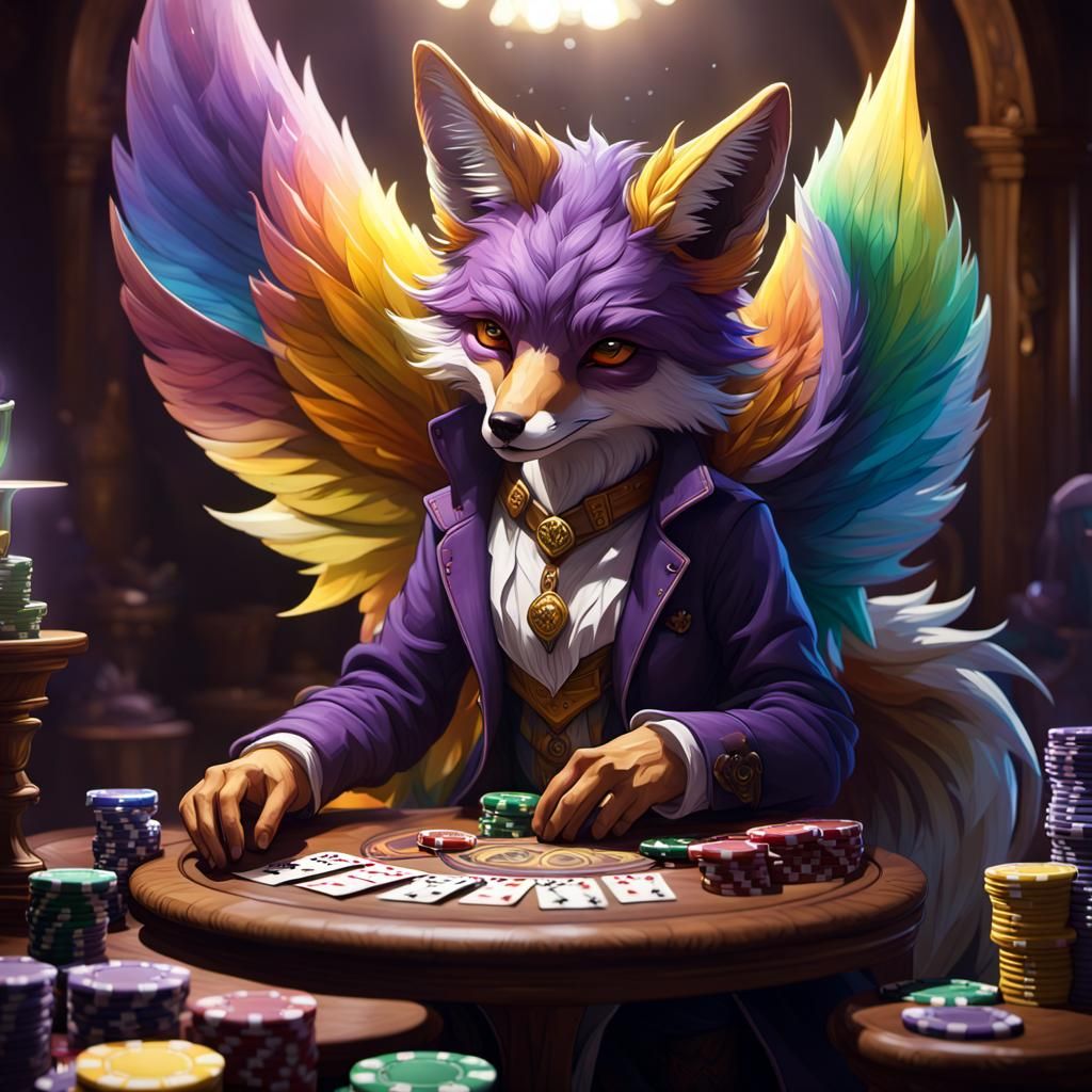 Rainbow Winged Fox Plays Poker: Dark Fantasy Art