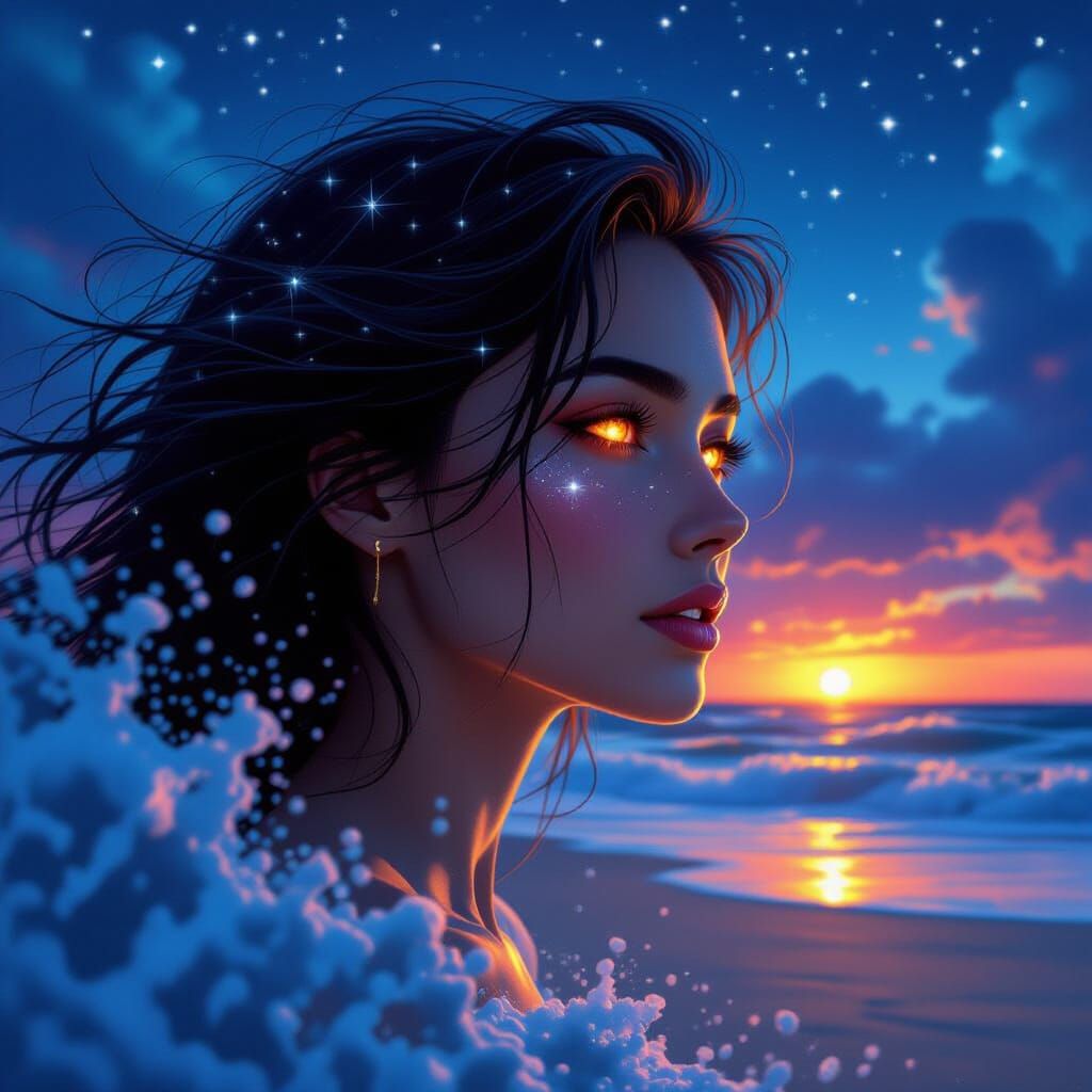 Surreal Woman with Stormy Waves and Starry Sky