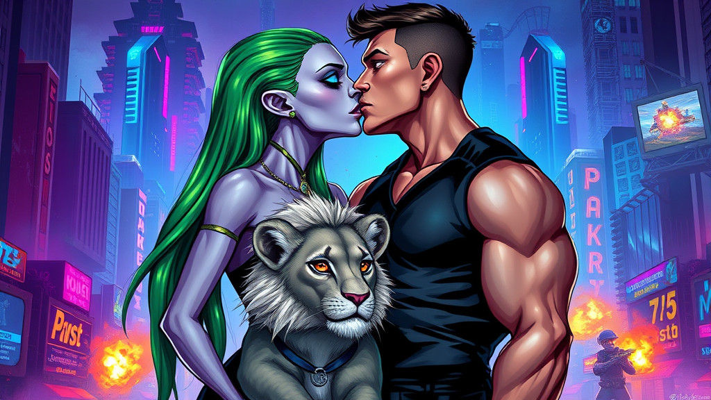 Passionate Alien Woman and Human Kiss in Cyberpunk Cityscape