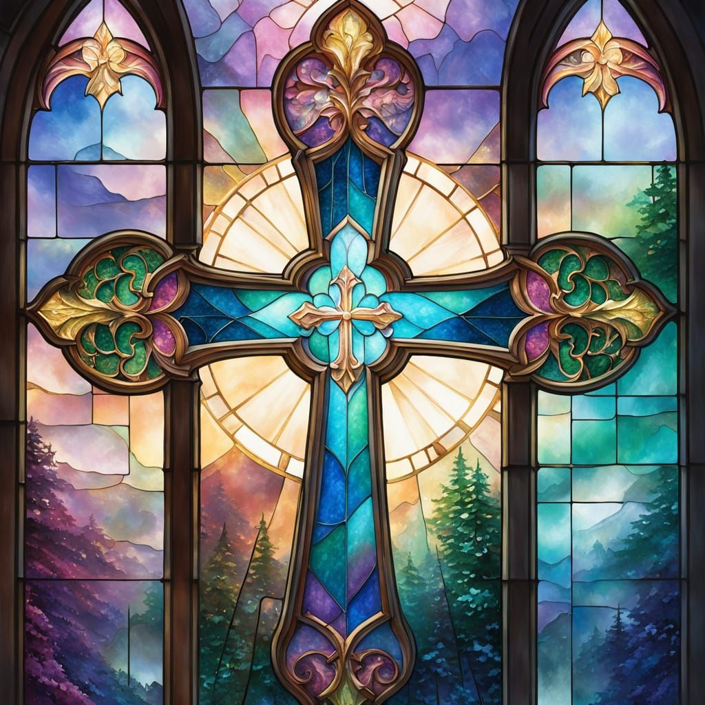 Ethereal Stained Glass Cross Window in Fantasy Mist