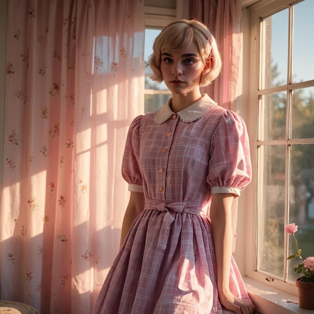 Crossdressing Boy in Pink Dress Gazing Out Window