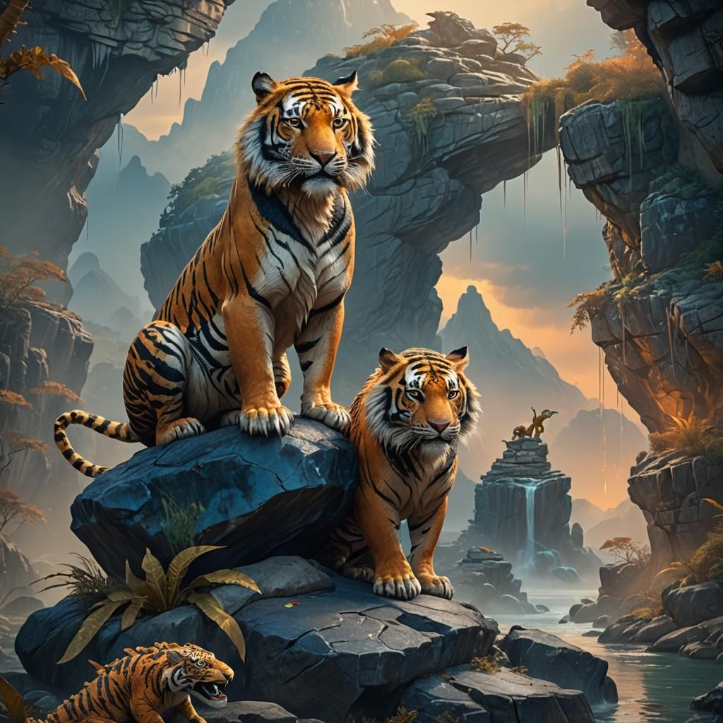 Tiger Crocodile Fusion on Mystical Rocks