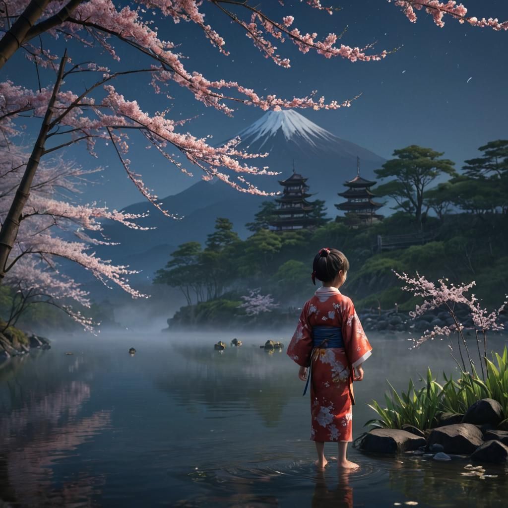 Mt. Fuji and Child in Hyperrealistic 3D Landscape