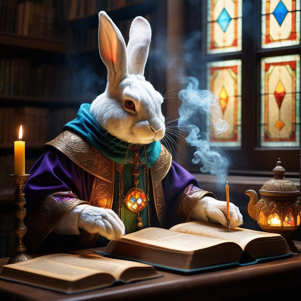 Enchanted Wizard Rabbit Studies Ancient Magic in Ethereal Li...