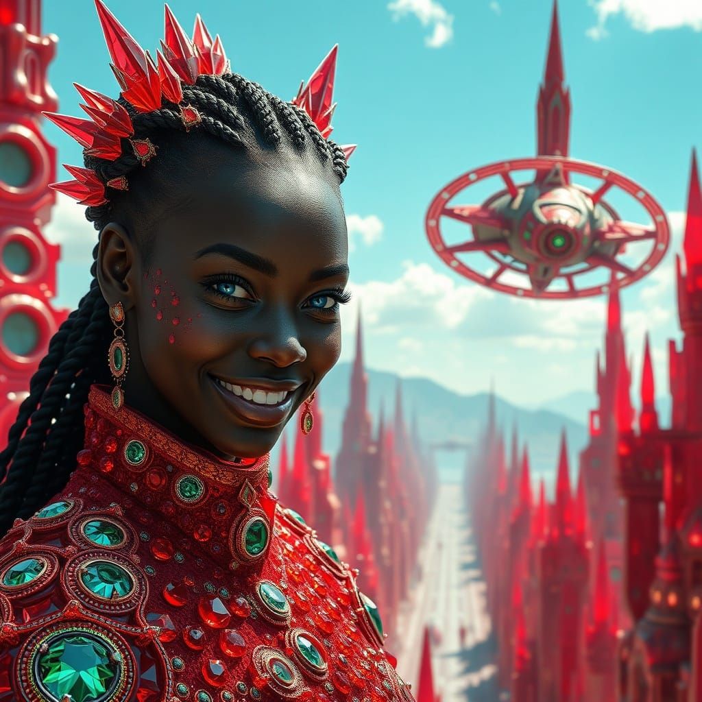 Futuristic Red Crystal City with Woman in Crystal Outfit