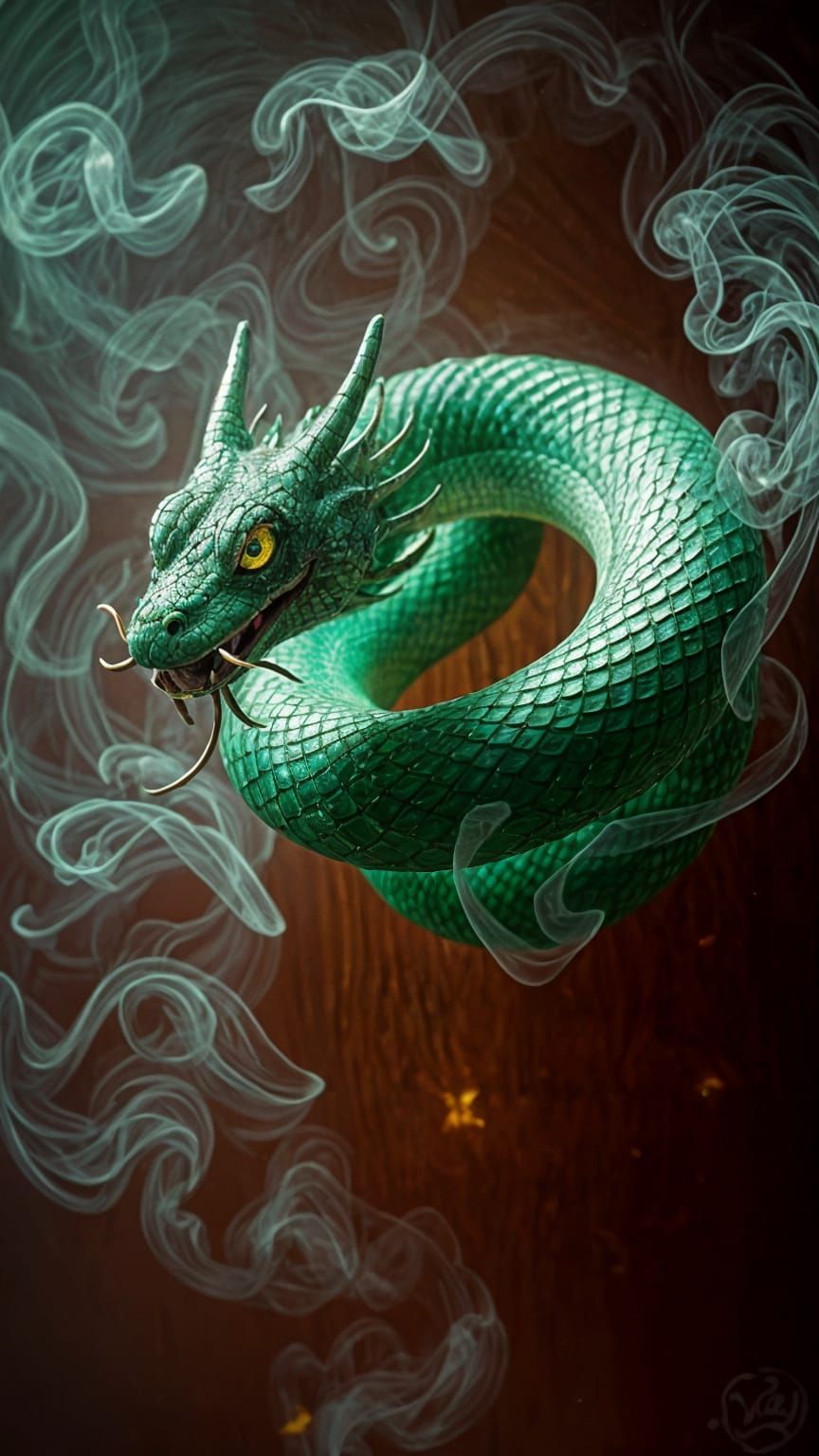 Ethereal Emerald Serpent in Harmony with Wood and Air Elemen...