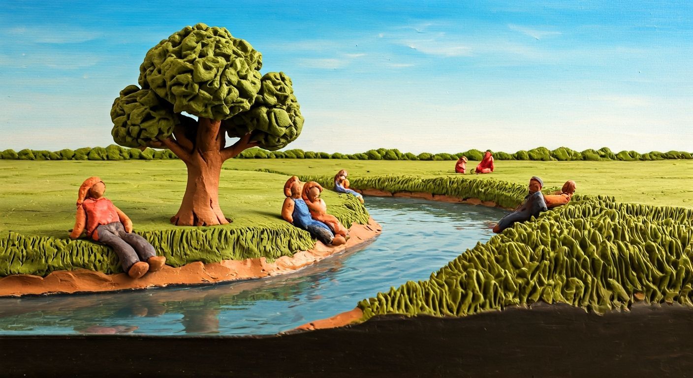Clay Diorama of River Scene in Folk Art Style