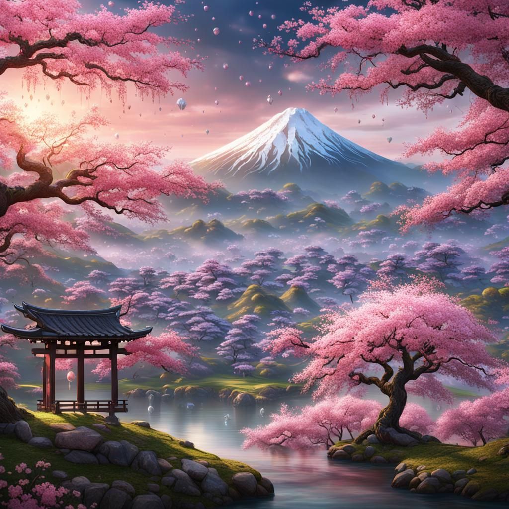 Japanese Cherry Blossoms with Dewdrops, Detailed Matte Paint...