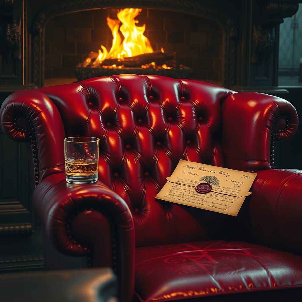 Cherry Leather Chair with Whiskey Glass, Hyper-Realistic