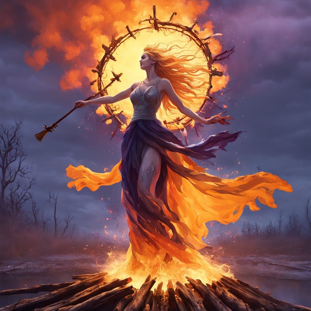 Majestic Woman Bound to Fiery Pyre in Dark Fantasy Landscape