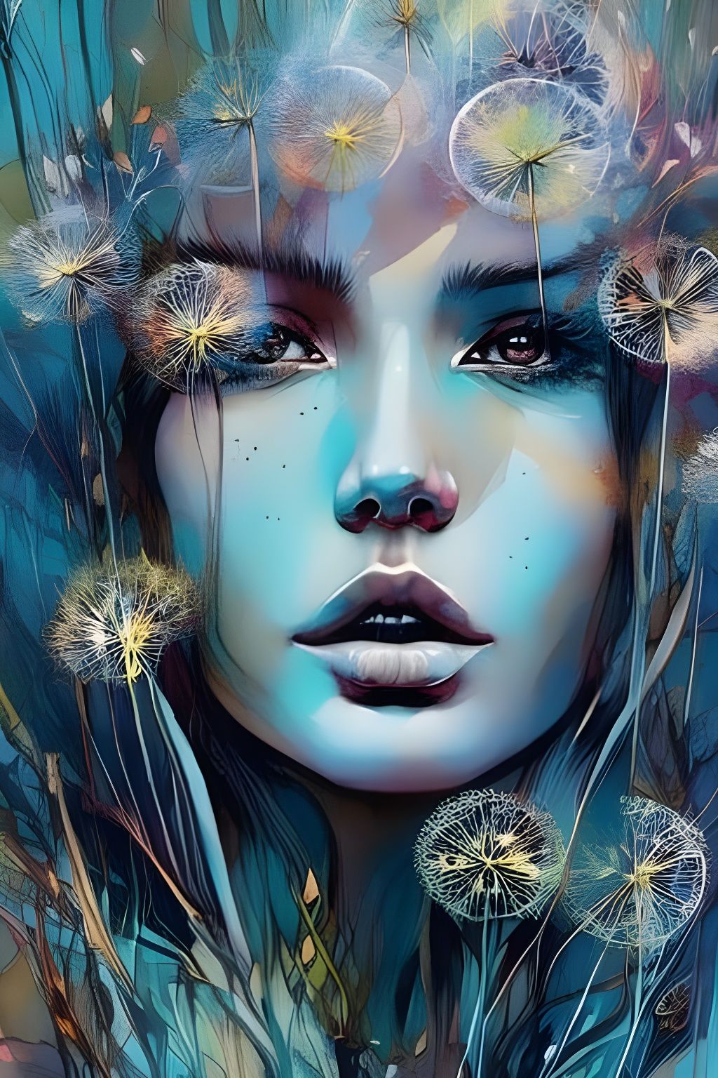 Expressive Portrait: Girl with Dandelions in Digital Art