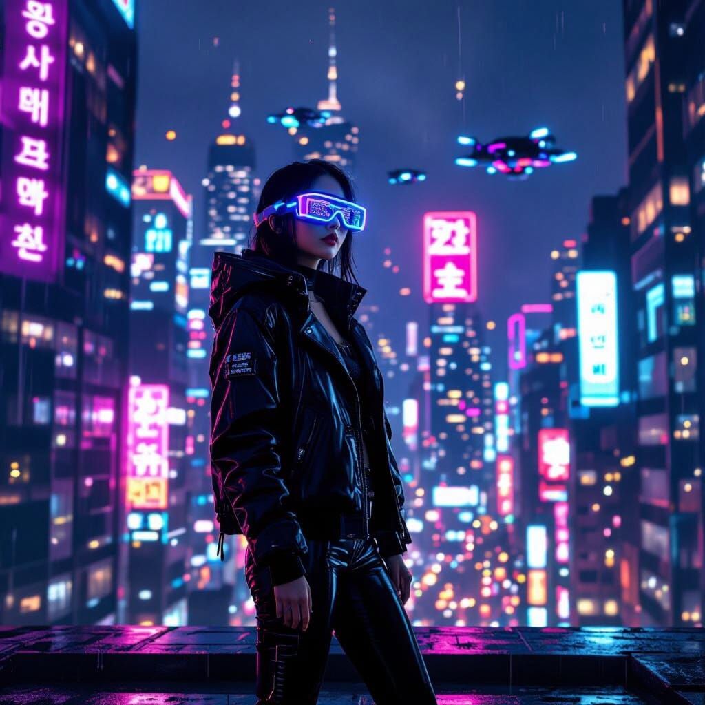 Cyberpunk Korean Girl on Rooftop in Futuristic Cityscape