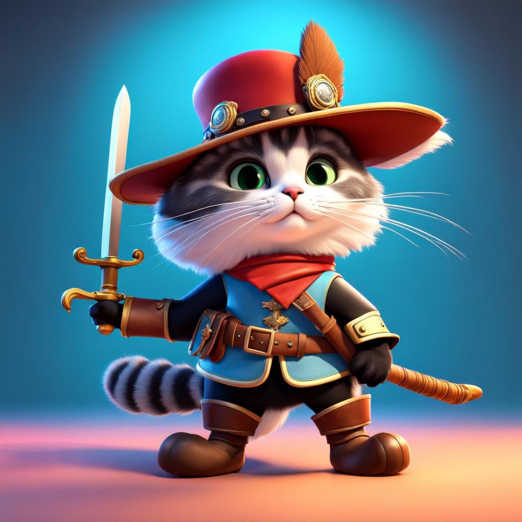Cute Cat Musketeer in 3D Digital Art Style