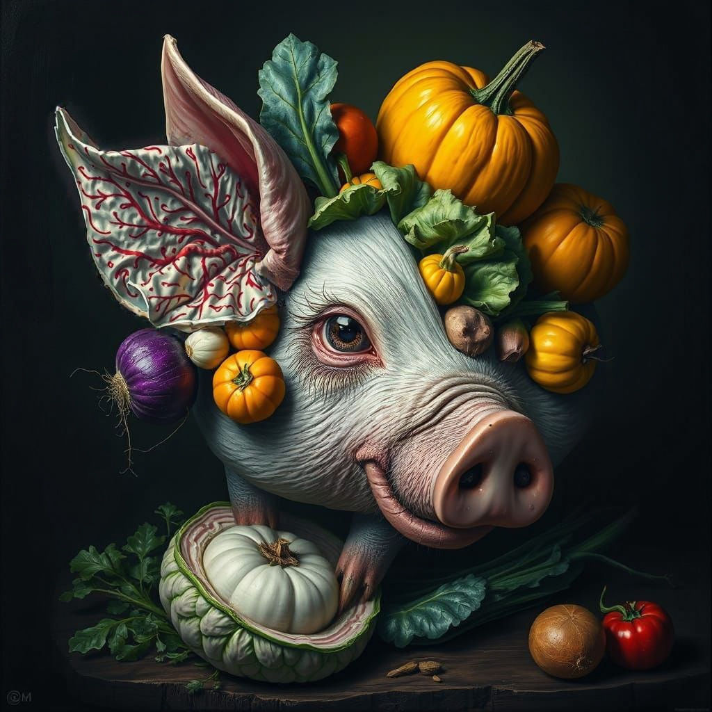 Vegetable Pig Still Life as Dark Fantasy Art