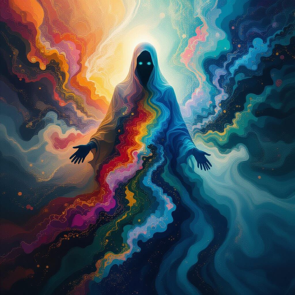 Surreal Ghost Figure with Radiant Fractal Colors
