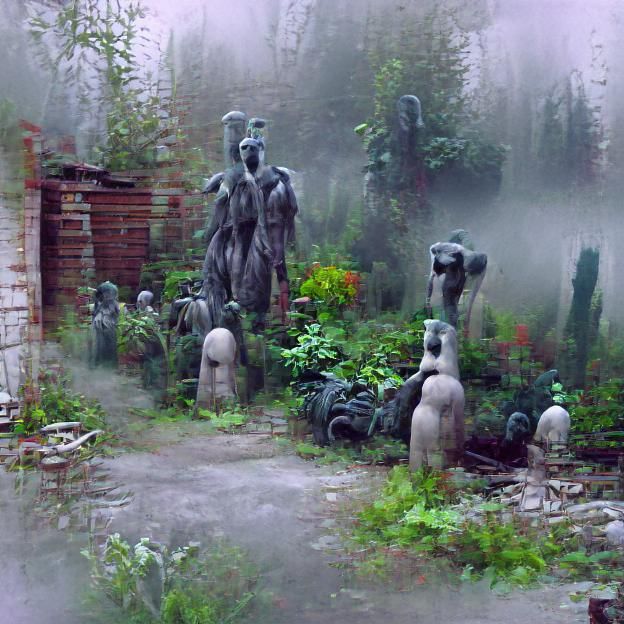 Creepy Foggy Garden with Stone Statues