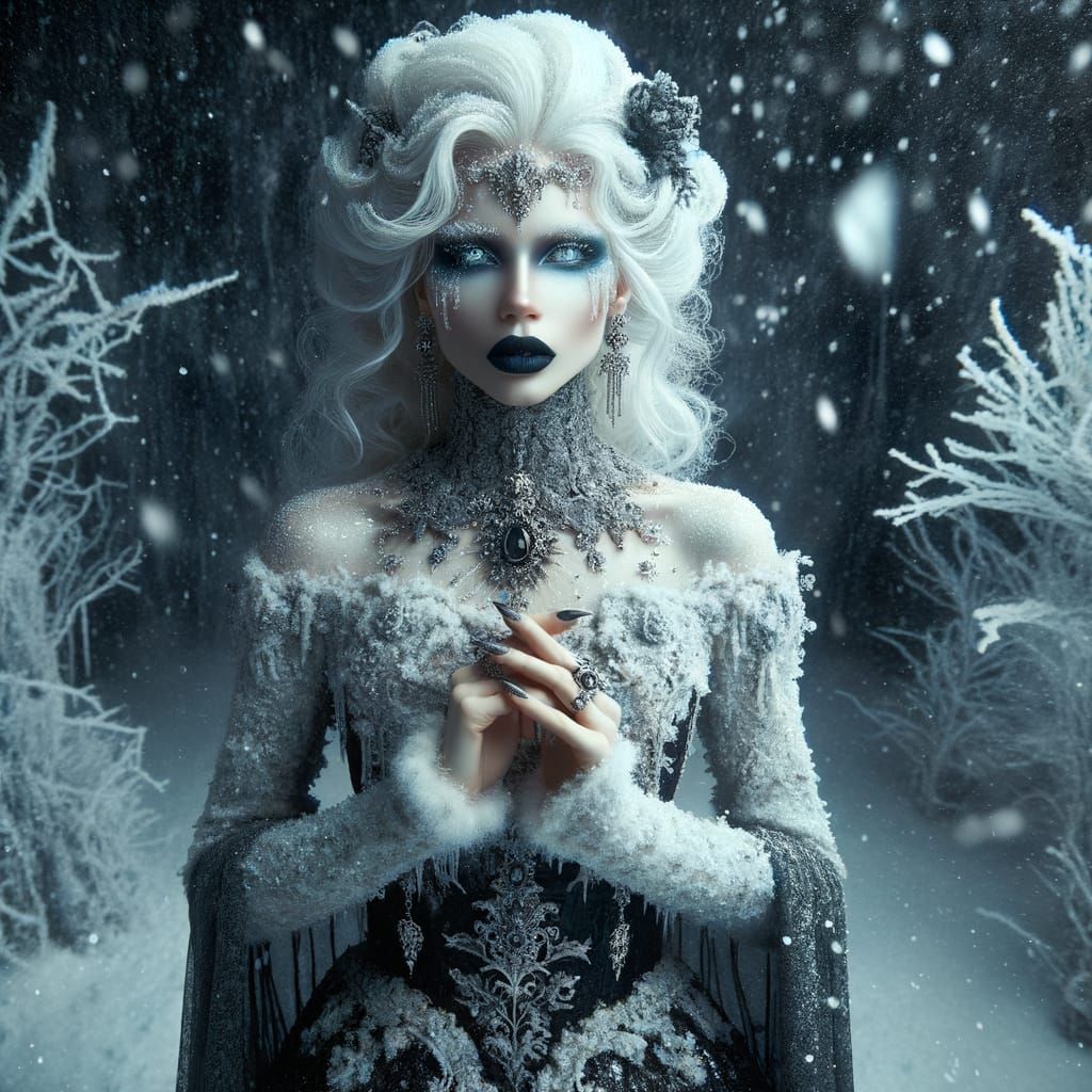 Enigmatic Frost Queen in Icy Winter Landscape