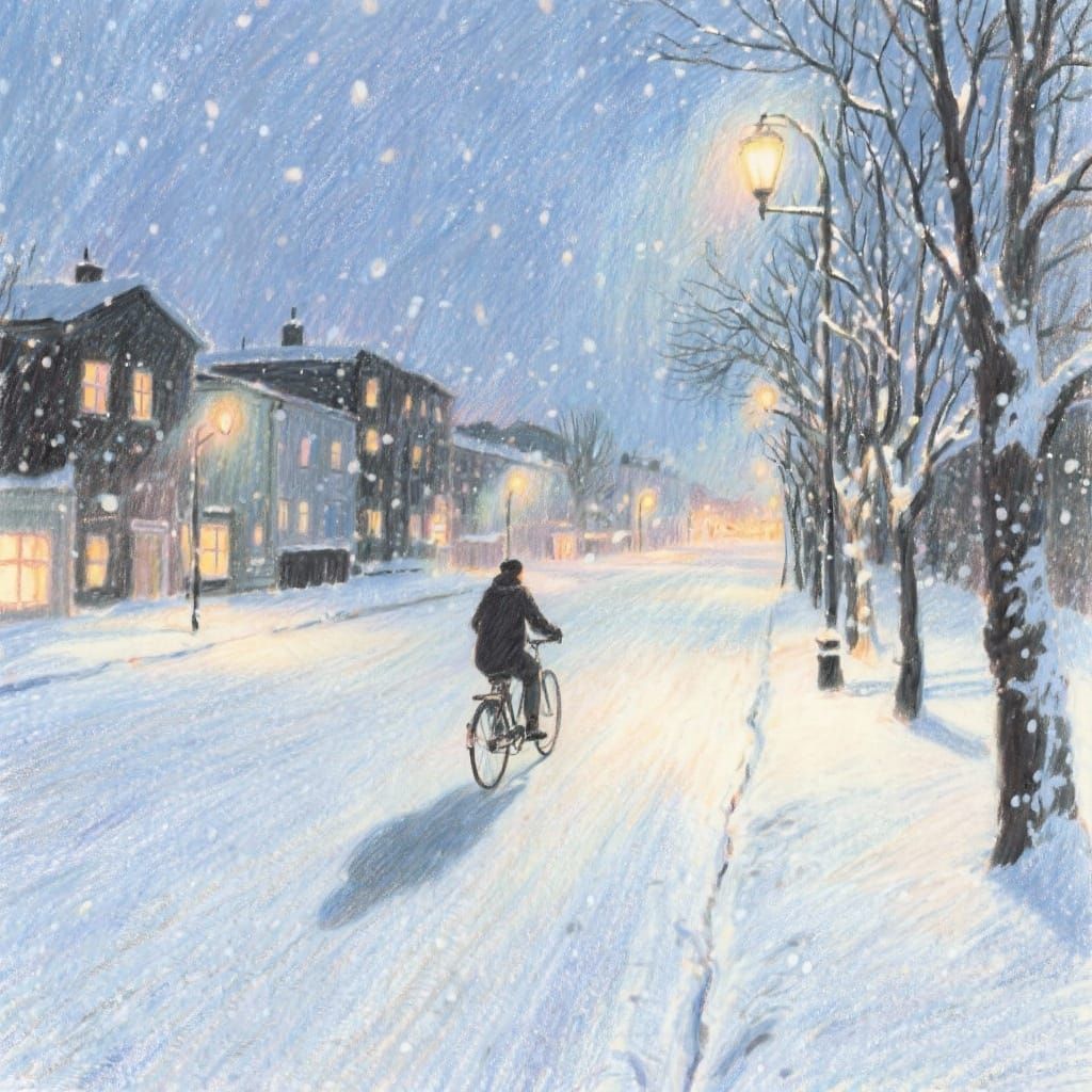 Serene Winter Night Scene in Colored Pencil Drawing Style