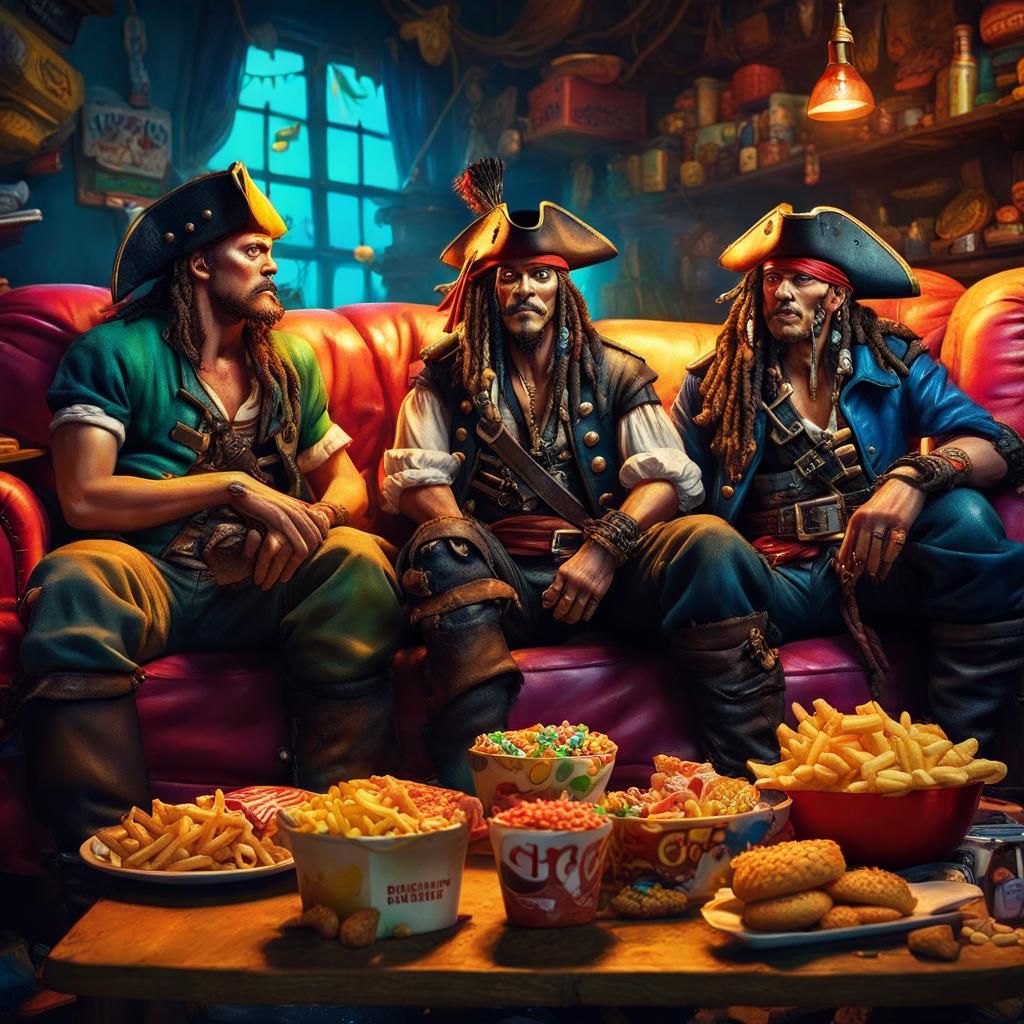 Pirates' Junk Food Feast in Hyperrealistic Style