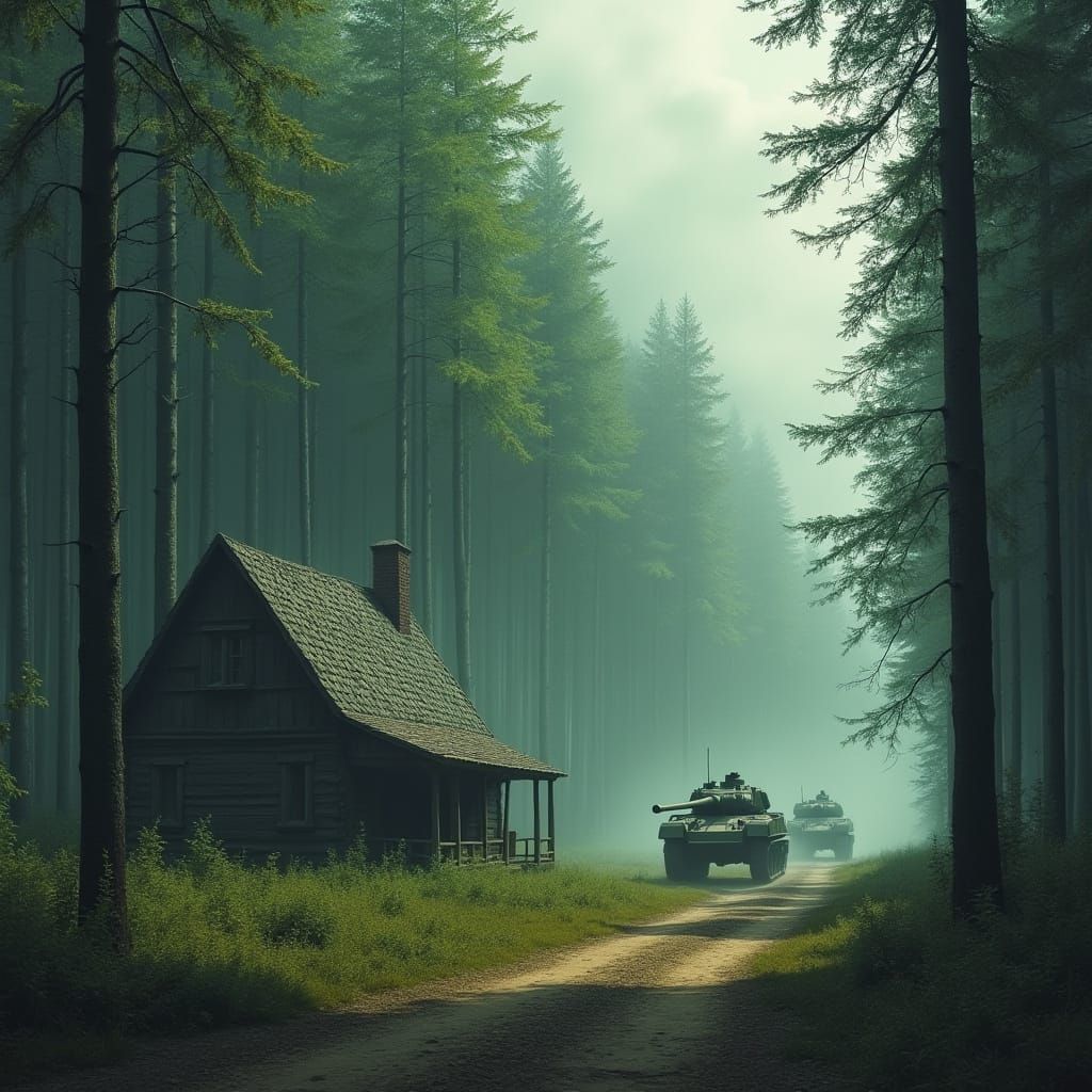 Rustic House Amidst Mysterious Forest with Tanks in the Dist...