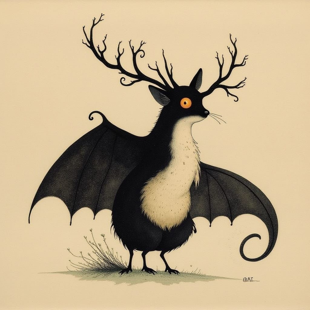 Surreal Japanese Shadow Foxbat with Antlers in Whimsical Sty...